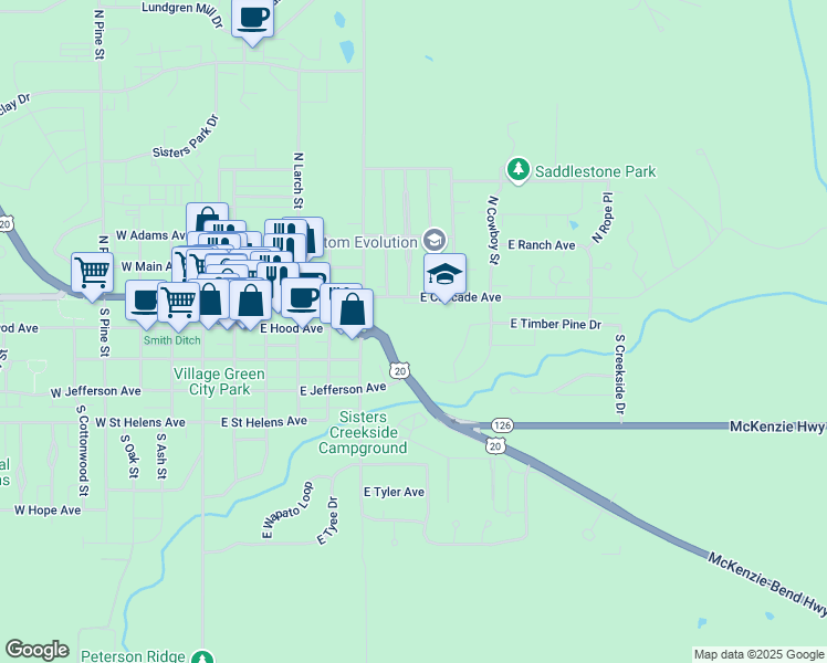 map of restaurants, bars, coffee shops, grocery stores, and more near in Sisters