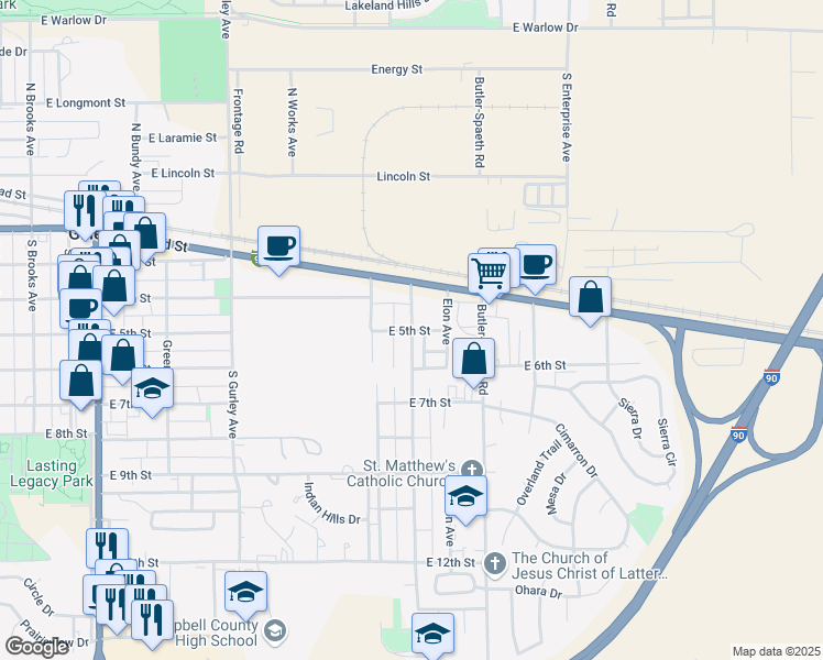 map of restaurants, bars, coffee shops, grocery stores, and more near 1301 East 5th Street in Gillette