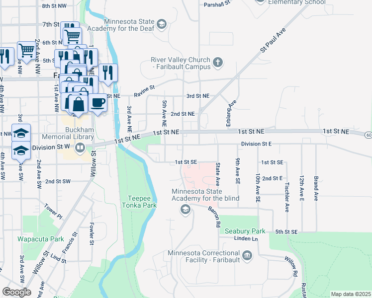 map of restaurants, bars, coffee shops, grocery stores, and more near 603 Division Street East in Faribault