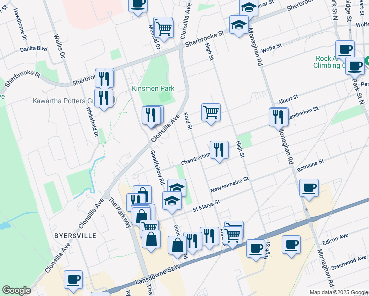 map of restaurants, bars, coffee shops, grocery stores, and more near 1050 Western Avenue in Peterborough