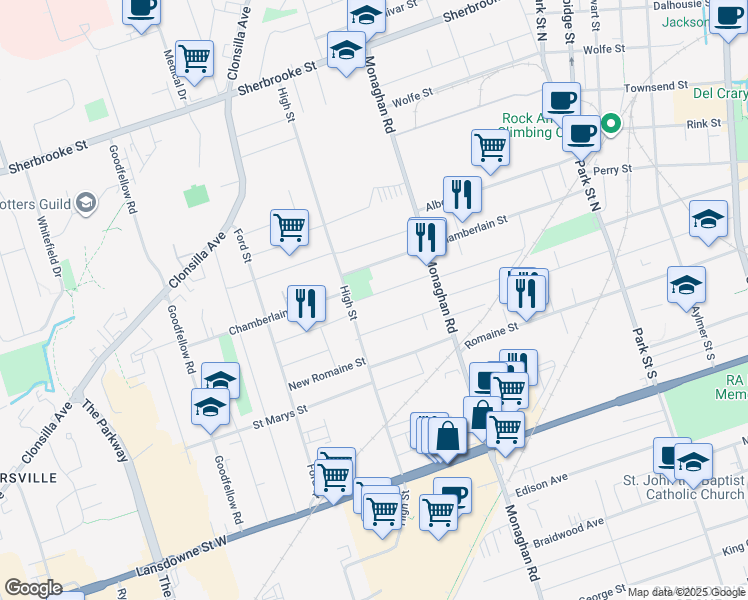 map of restaurants, bars, coffee shops, grocery stores, and more near 671 Brown Street in Peterborough