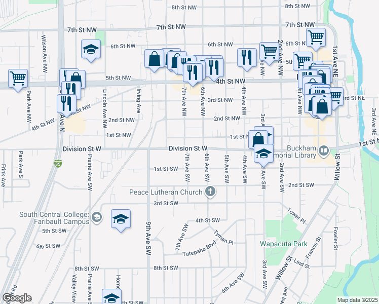 map of restaurants, bars, coffee shops, grocery stores, and more near 633 Division Street West in Faribault