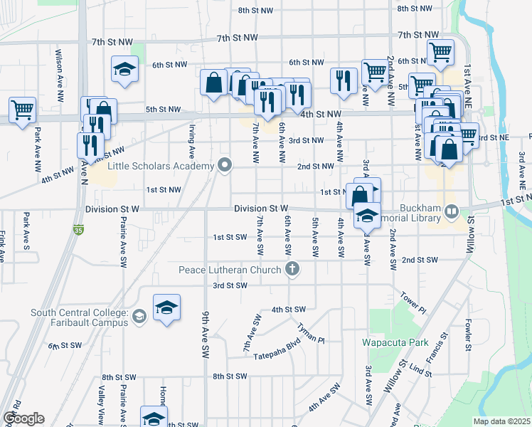map of restaurants, bars, coffee shops, grocery stores, and more near 625 Division Street West in Faribault