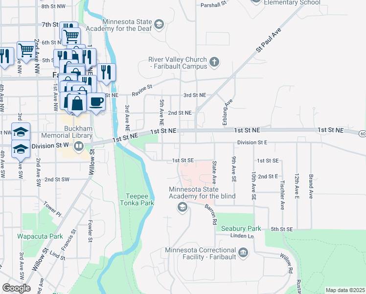 map of restaurants, bars, coffee shops, grocery stores, and more near 603 Division Street East in Faribault