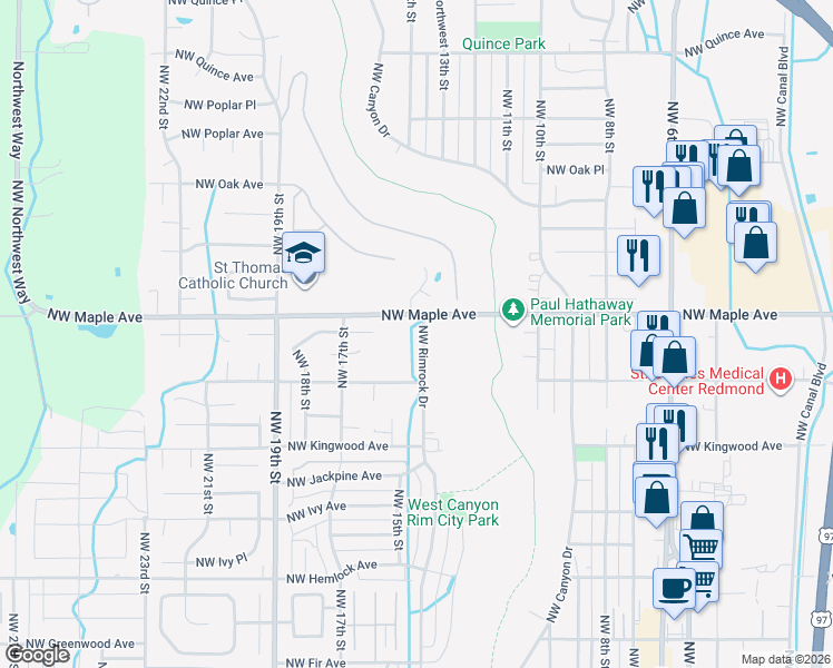map of restaurants, bars, coffee shops, grocery stores, and more near 1543 Northwest Rimrock Drive in Redmond