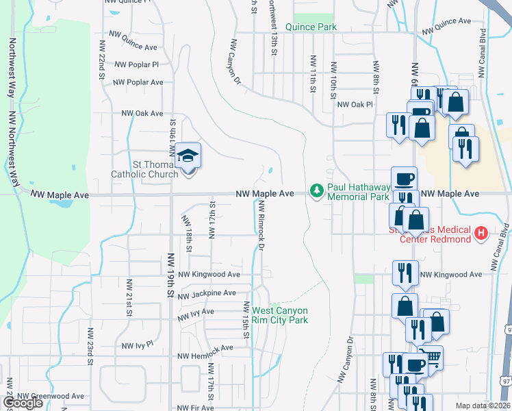 map of restaurants, bars, coffee shops, grocery stores, and more near 1543 NW Rimrock Dr in Redmond