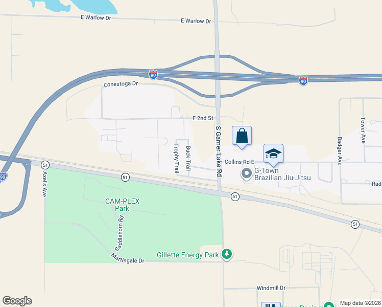 map of restaurants, bars, coffee shops, grocery stores, and more near 44 Buck Trail in Gillette