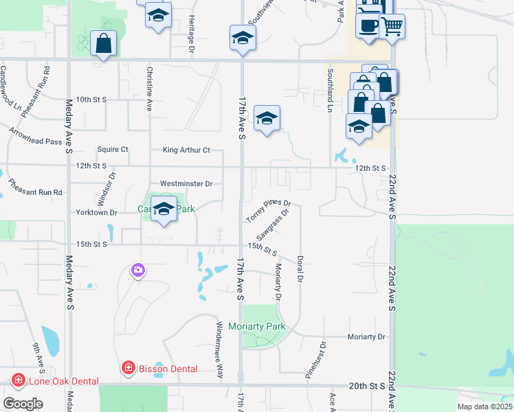 map of restaurants, bars, coffee shops, grocery stores, and more near 1729 Torrey Pines Drive in Brookings