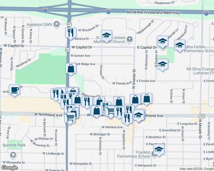 map of restaurants, bars, coffee shops, grocery stores, and more near 341 West Florida Avenue in Appleton