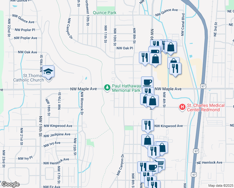 map of restaurants, bars, coffee shops, grocery stores, and more near 1530 Northwest Canyon Drive in Redmond