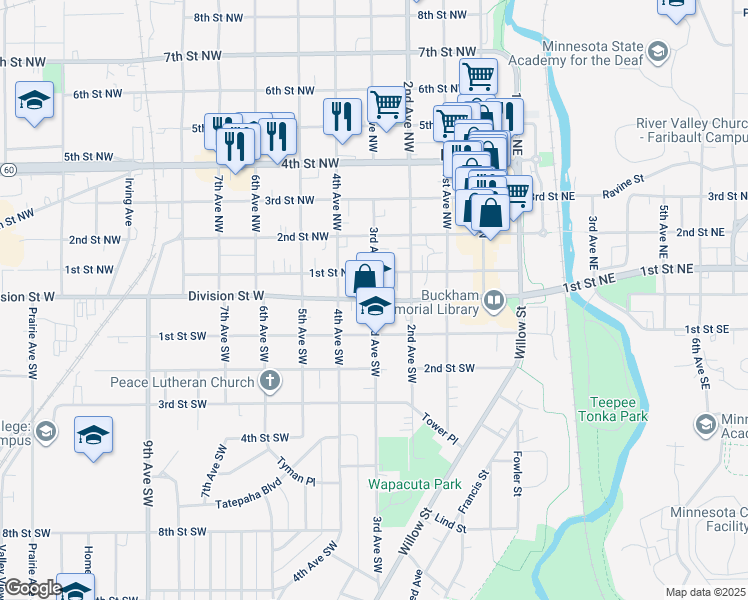 map of restaurants, bars, coffee shops, grocery stores, and more near 2 3rd Avenue Southwest in Faribault