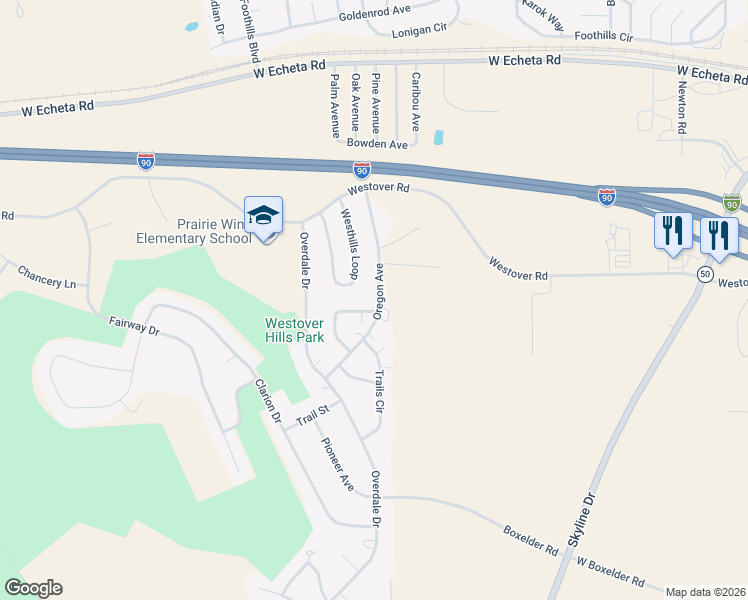 map of restaurants, bars, coffee shops, grocery stores, and more near 406 Oregon Avenue in Gillette