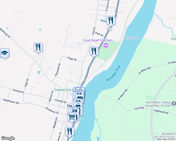 map of restaurants, bars, coffee shops, grocery stores, and more near 64 Water Street in Hallowell