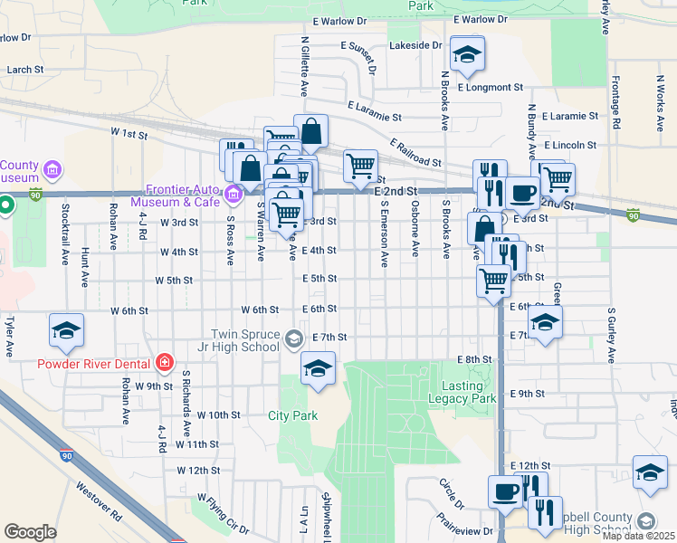map of restaurants, bars, coffee shops, grocery stores, and more near in Gillette