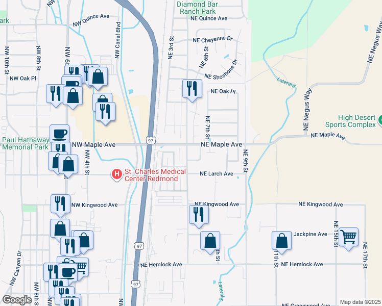 map of restaurants, bars, coffee shops, grocery stores, and more near 1535 Northeast 5th Street in Redmond