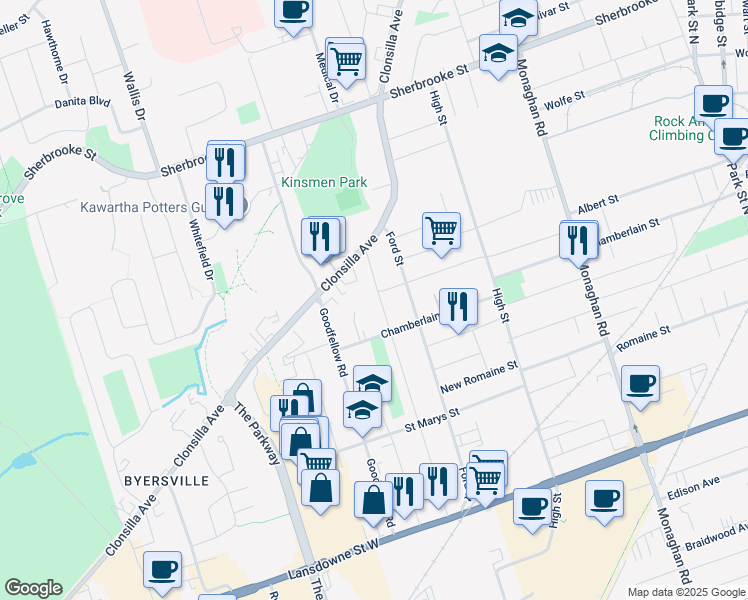 map of restaurants, bars, coffee shops, grocery stores, and more near 1050 Western Avenue in Peterborough