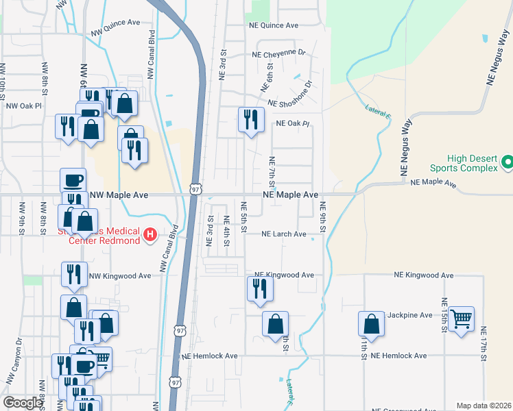 map of restaurants, bars, coffee shops, grocery stores, and more near 576 Northeast Negus Loop in Redmond