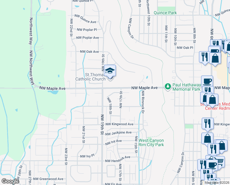 map of restaurants, bars, coffee shops, grocery stores, and more near 1571 Northwest 18th Street in Redmond