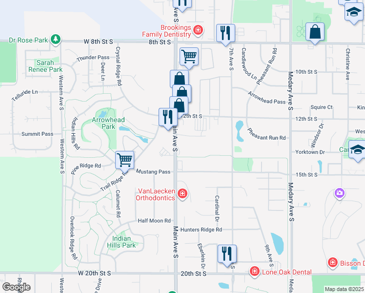 map of restaurants, bars, coffee shops, grocery stores, and more near 1323 Main Avenue South in Brookings