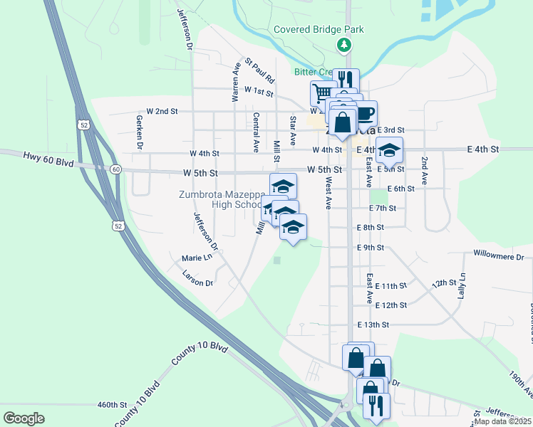 map of restaurants, bars, coffee shops, grocery stores, and more near 705 Mill Street in Zumbrota