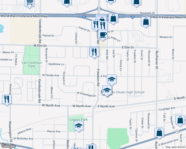 map of restaurants, bars, coffee shops, grocery stores, and more near 104 West Florida Avenue in Little Chute