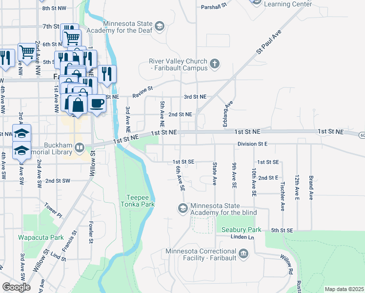 map of restaurants, bars, coffee shops, grocery stores, and more near 500 1st Street Southeast in Faribault