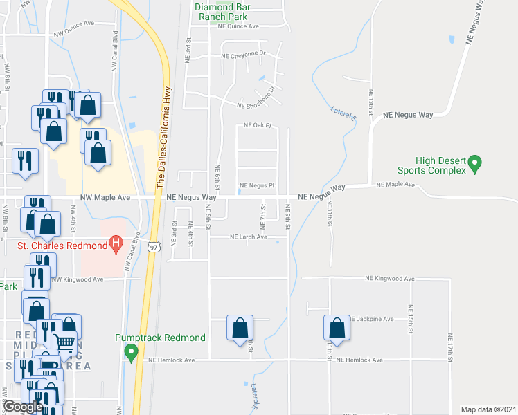 map of restaurants, bars, coffee shops, grocery stores, and more near 1531 Northeast 7th Street in Redmond