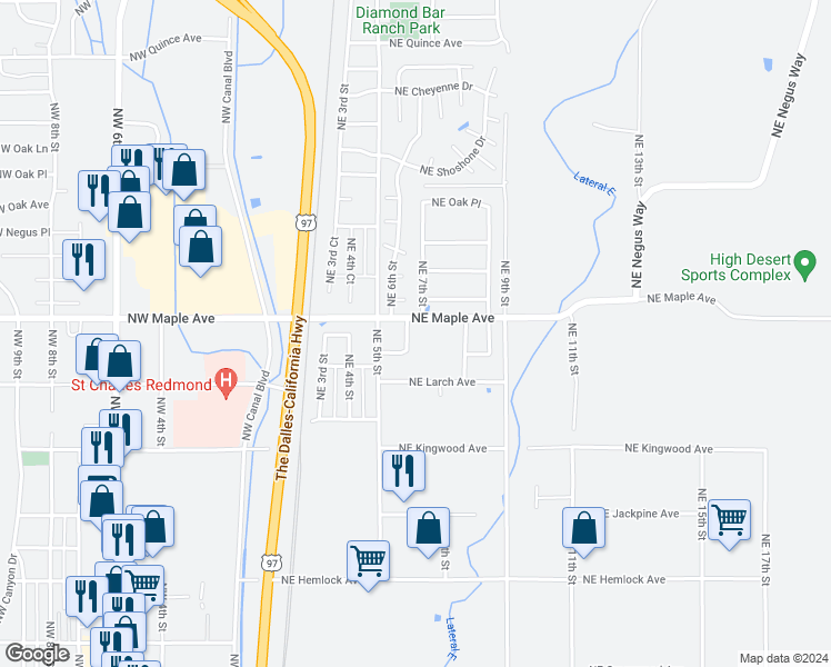 map of restaurants, bars, coffee shops, grocery stores, and more near 576 Northeast Negus Loop in Redmond