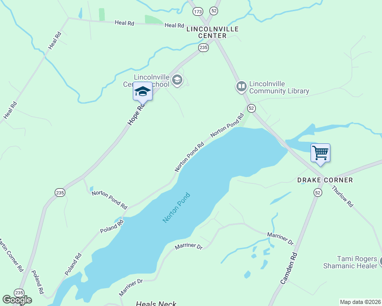 map of restaurants, bars, coffee shops, grocery stores, and more near 73 Norton Pond Road in Lincolnville