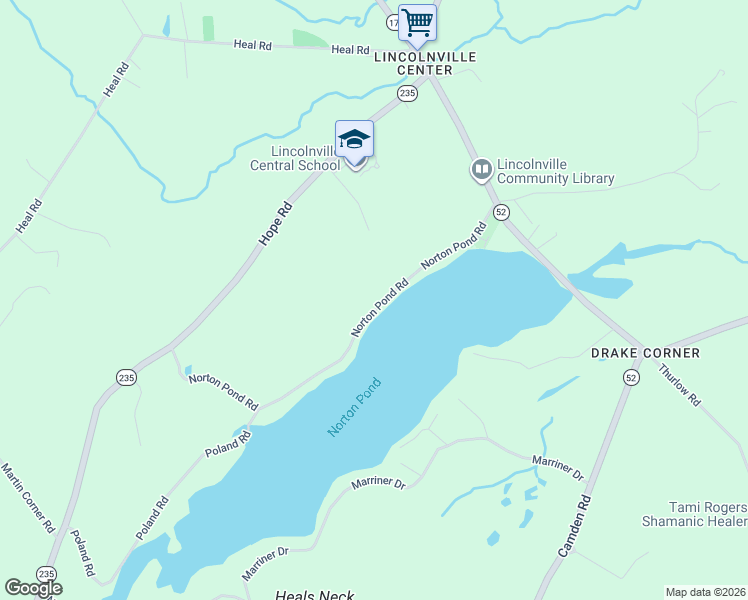 map of restaurants, bars, coffee shops, grocery stores, and more near 73 Norton Pond Road in Lincolnville