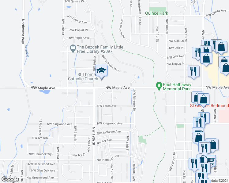 map of restaurants, bars, coffee shops, grocery stores, and more near 1556 Northwest 17th Street in Redmond