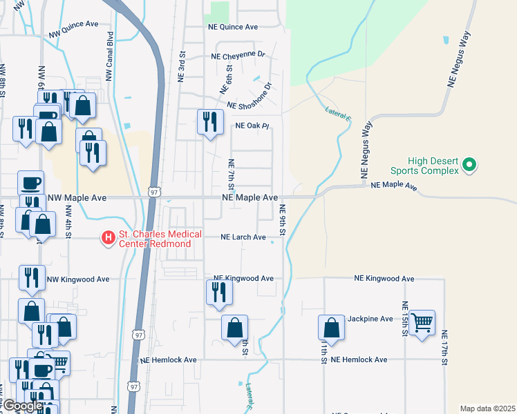 map of restaurants, bars, coffee shops, grocery stores, and more near 1531 Northeast 7th Street in Redmond