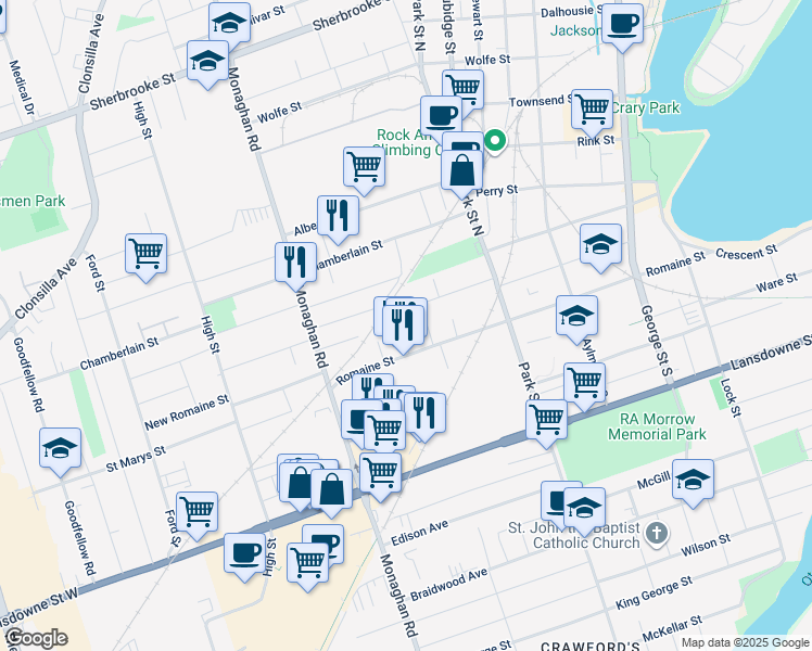 map of restaurants, bars, coffee shops, grocery stores, and more near in Peterborough