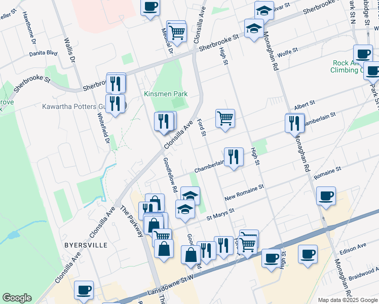 map of restaurants, bars, coffee shops, grocery stores, and more near in Peterborough