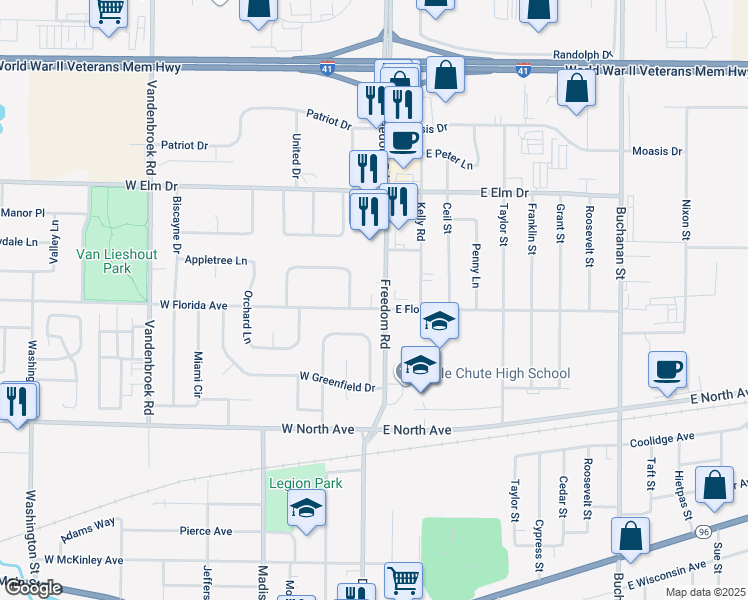 map of restaurants, bars, coffee shops, grocery stores, and more near 104 West Florida Avenue in Little Chute