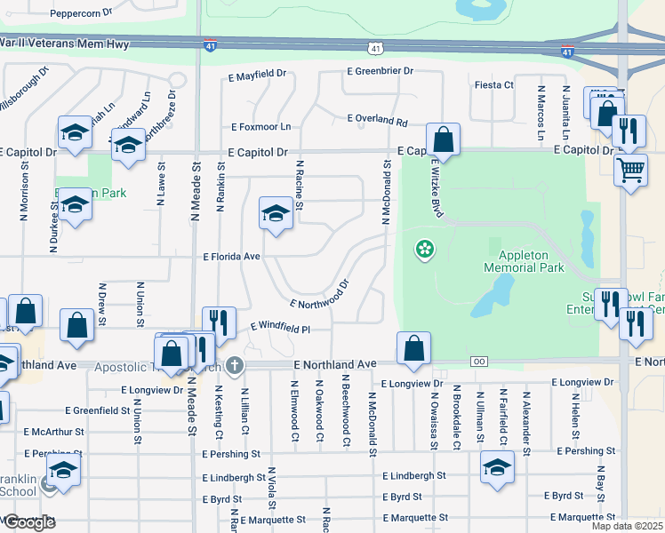 map of restaurants, bars, coffee shops, grocery stores, and more near 1038 East Northwood Drive in Appleton