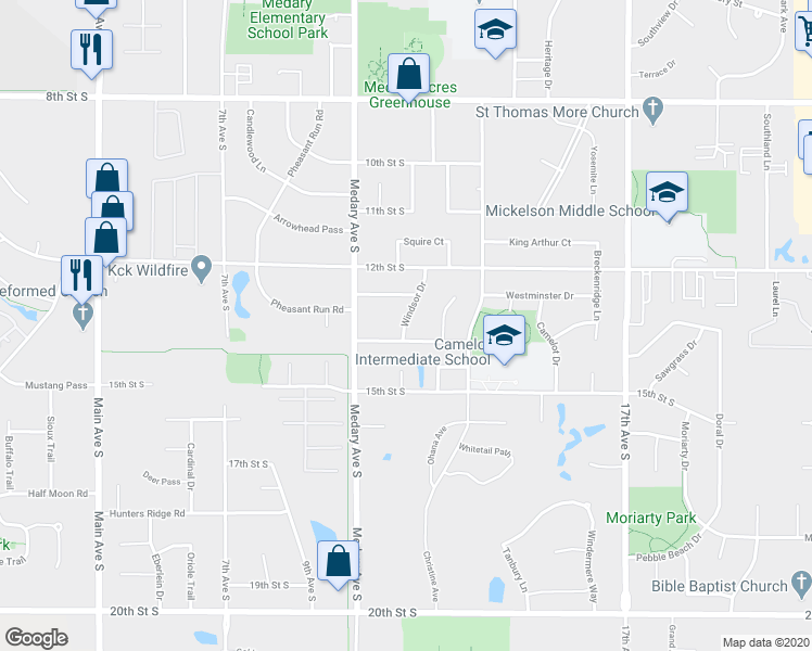 map of restaurants, bars, coffee shops, grocery stores, and more near 1245 Windsor Drive in Brookings