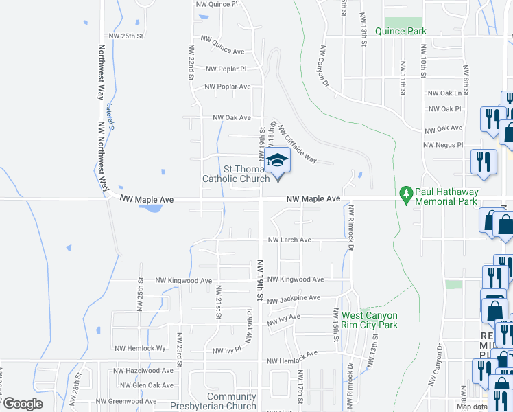 map of restaurants, bars, coffee shops, grocery stores, and more near 1915 Northwest Larch Spur Court in Redmond