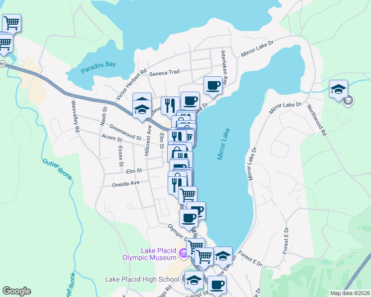 map of restaurants, bars, coffee shops, grocery stores, and more near 2427 Main Street in Lake Placid