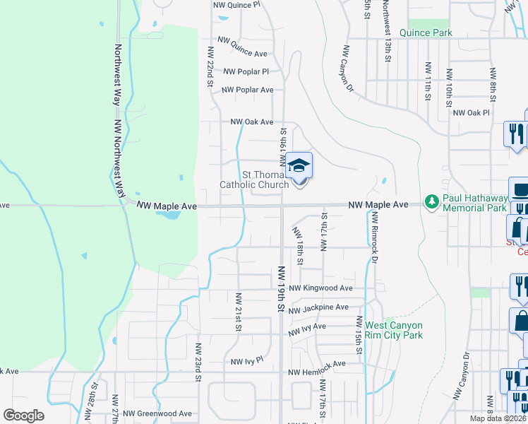 map of restaurants, bars, coffee shops, grocery stores, and more near 1951 Northwest Larch Spur Court in Redmond