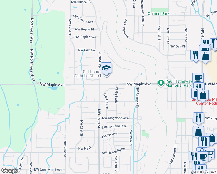 map of restaurants, bars, coffee shops, grocery stores, and more near 1531 Northwest 18th Street in Redmond