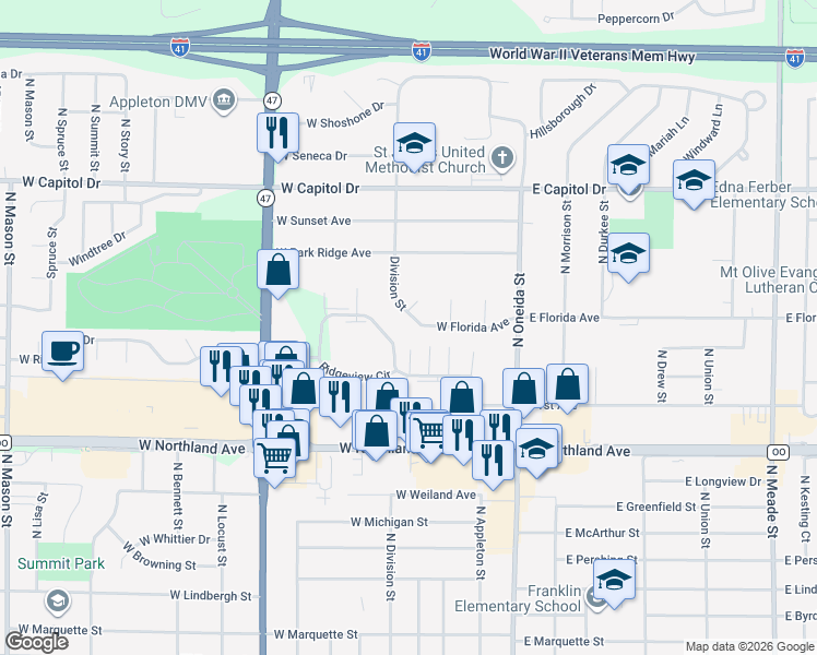 map of restaurants, bars, coffee shops, grocery stores, and more near 341 West Florida Avenue in Appleton