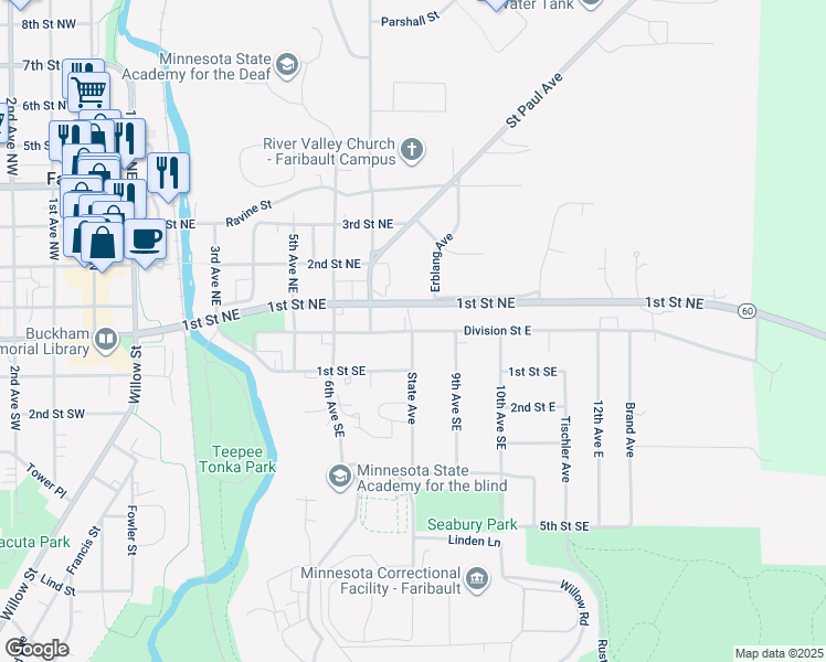 map of restaurants, bars, coffee shops, grocery stores, and more near 1 State Avenue in Faribault
