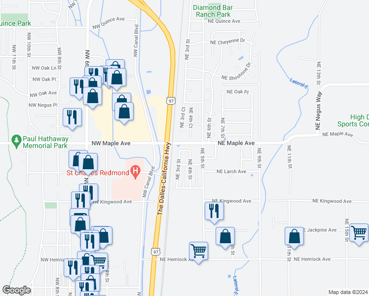 map of restaurants, bars, coffee shops, grocery stores, and more near 337 Northeast Larch Place in Redmond
