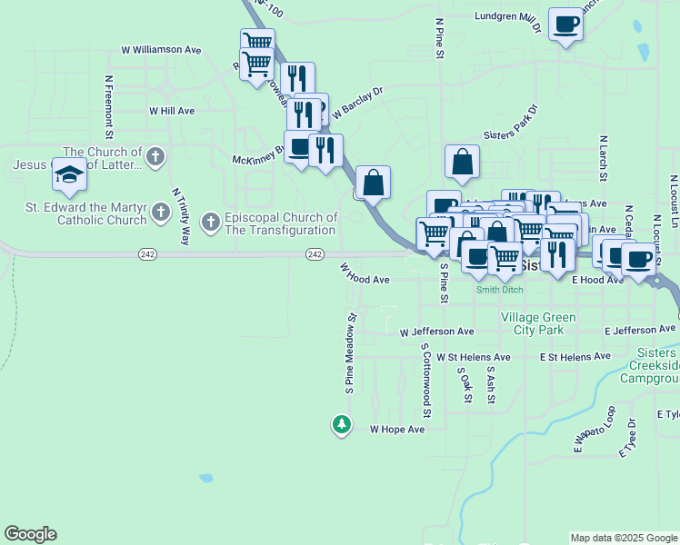 map of restaurants, bars, coffee shops, grocery stores, and more near 726 West View Loop in Sisters
