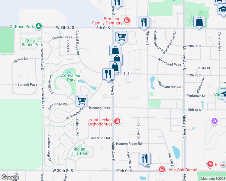 map of restaurants, bars, coffee shops, grocery stores, and more near 1323 Main Ave S in Brookings