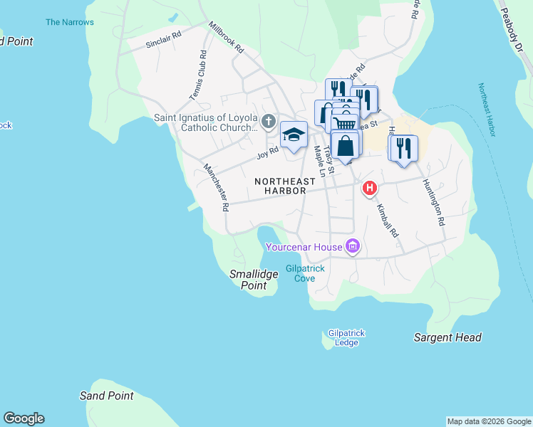 map of restaurants, bars, coffee shops, grocery stores, and more near 28 Neighborhood Road in Mount Desert