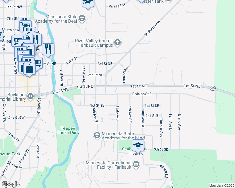 map of restaurants, bars, coffee shops, grocery stores, and more near 1 State Avenue in Faribault
