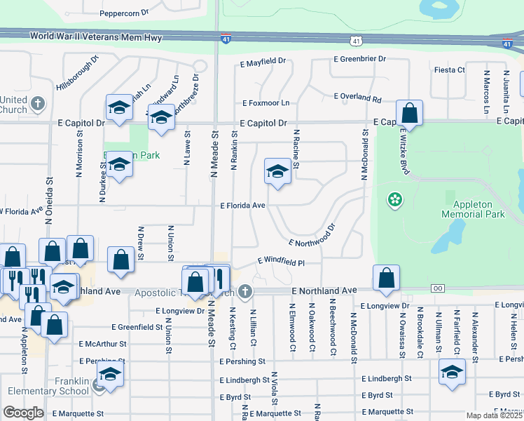 map of restaurants, bars, coffee shops, grocery stores, and more near 913 East Northwood Drive in Appleton