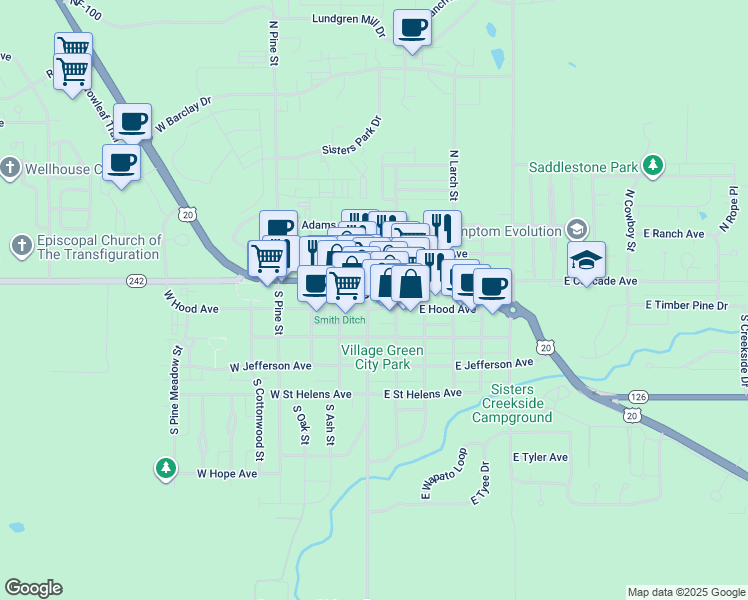 map of restaurants, bars, coffee shops, grocery stores, and more near in Sisters